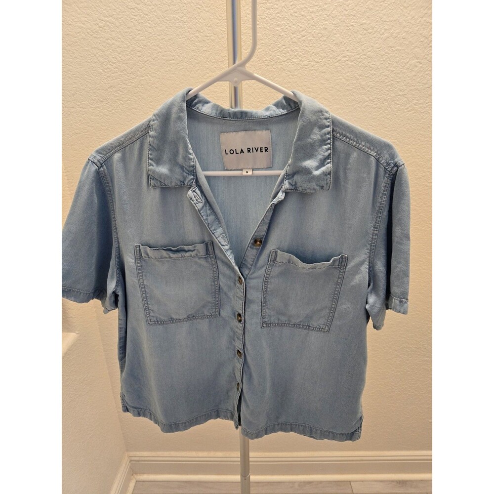 Lola River Chambray Short Sleeve Button Down Top Shirt Light Blue Small Women